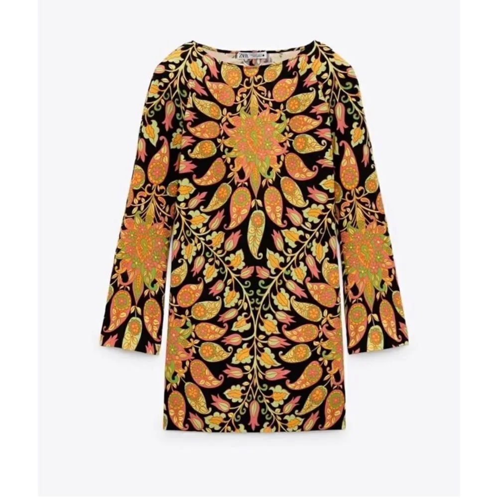 NWT Zara Blogger’s Favorite Long Sleeve Printed Multicolor Open Back Mini Dress - Picture 11 of 12